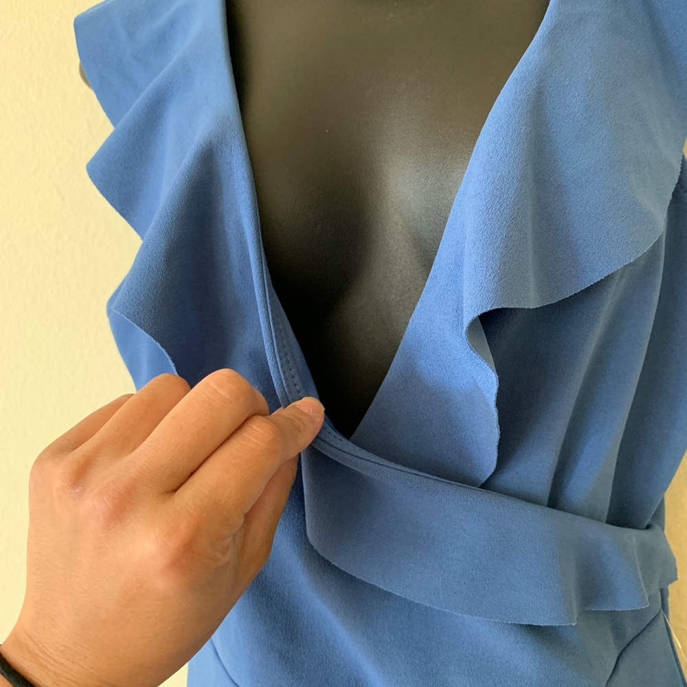 The Vanity Room Blue Draped Ruffle V Neck Wrap Dress - Picture 4 of 7